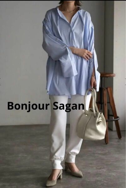 新品Bonjour Sagan オープンスリーブネックタックストライプシャツ