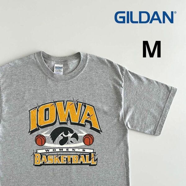 GILDAN IOWA アイオワ 半袖Tシャツ 三段 カレッジロゴ グレー M Tシャツ プリント ロゴ 古着