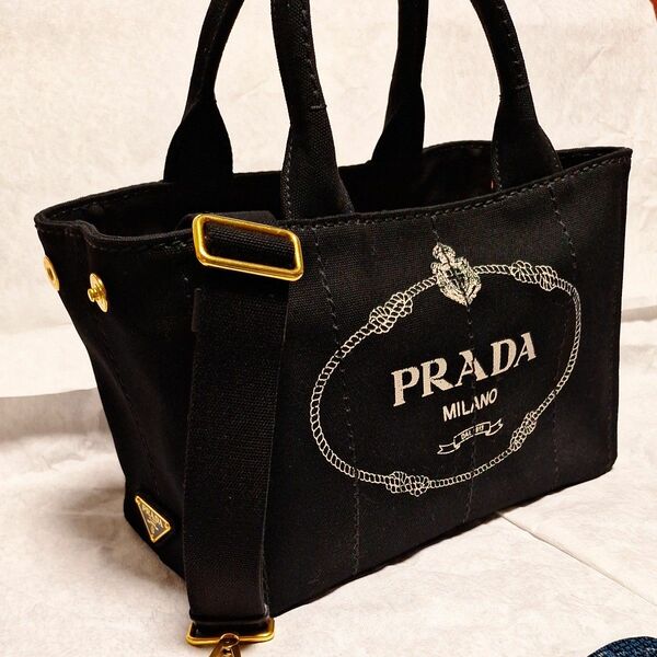 [新品未使用]PRADA、プラダ、カナパ、キャンバス、ハンドバッグ、トートバッグ、ブラックデニム、保存袋・ショルダー付