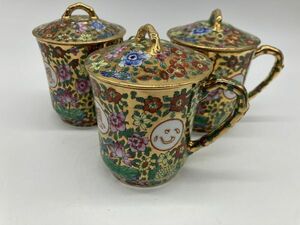 B1-634 中国廣彩 マグカップ 蓋付き 龍柄 色絵 金彩 食器 茶器 唐物 中国製 アンティーク