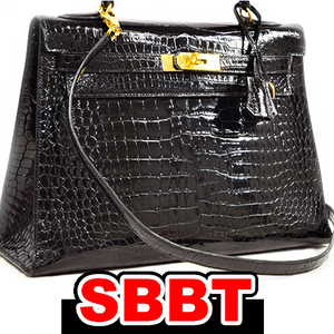 エルメス　ケリー28 外縫い　黒　クロコダイル ポロサス　G金具　〇V刻印　ブラック Black ケリー クロコ HERMES Kelly28 本物 sbbt