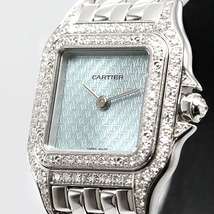 カルティエ Cartier パンテールSM K18WG 2重ダイヤベゼル 2Cロゴ ライトブルー文字盤 レディース腕時計 クォーツ 68.6g 金無垢_画像8