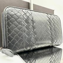 極美品●BOTTEGA VENETA ボッテガヴェネタ 長財布 ラウンドジップ イントレチャート メンズ オールレザー ブラック 黒_画像1