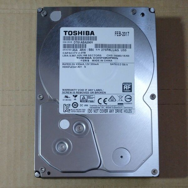 3.5インチHDD TOSHIBA DT01ABA200V 容量2TB 使用時間883時間