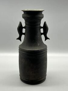 古中国 宋時期 双魚耳 古銅 花瓶 耳付花入 時代物