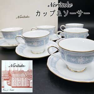 Noritake レースウッドゴールド カップ＆ソーサー 6客セット ノリタケ　ブルー系 花柄　洋食器 紅茶 コーヒー　美品　未使用?【100z576】