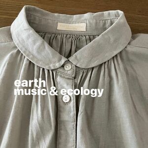 earth music&ecology アース　麻混ブラウス　サイズF Aライン　身幅広め　小さめ襟　たっぷりギャザー袖
