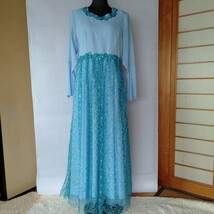 か142 社交ダンスドレス サイズM ポリエステル 日本製 ブルー水色系 ロングドレス カラードレス 洋服_画像1