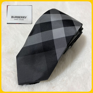 美品 BURBERRY 現行ロゴ シルク100％ チェック ネクタイ 黒 グレー