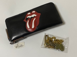 Rolling Stones [ low ring Stone z] design round Zip long wallet red Logo wallet chain attaching unused exhibition goods 