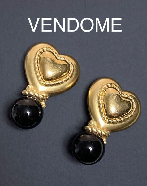 良品　VENDOME ヴィンテージ　ハート　黒金　大振り　イヤリング