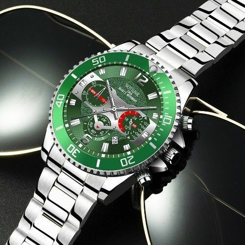 グリーンメンズ腕時計　スーツカジュアル　送料無料デイト銀緑クォーツ