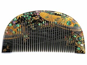 中古 昭和レトロ 芸術作品級【アンティーク 永峰 金銀装飾付 櫛】クシ くし 鼈甲 牛甲 ベッコウ 蒔絵 かんざし 10.3×5.2cm 19.4g