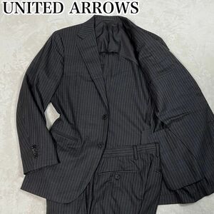 ユナイテッドアローズ　スーツ　ダークグレー　ストライプ　 2B UNITED ARROWS セットアップ　ジャケット　背抜き　重ねボタン　メンズ M