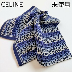 【未使用】CELINE セリーヌ☆総柄ロゴ付ハンカチ　ダークブルー　タグ　刺繍ロゴ　ネイビー　メンズ　ユニセックス　コットン