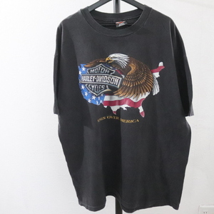 C386 90sビンテージ USA製 HARLEYDAVIDSON ハーレーダビッドソン 半袖プリントTシャツ■00s 表記2XLサイズ 黒 ブラック イーグル 古着 90s 