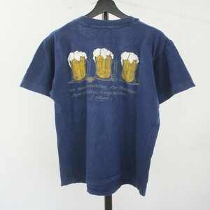 A431 90sビンテージ GESIMCORP ビールプリントTシャツ■1990年代製 表記Lサイズ 発泡プリント ポケT ネイビー フランス 古着 古着卸 80s