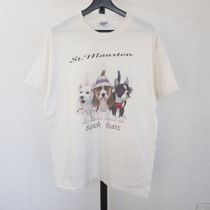 f294 90sビンテージ ヘインズ 半袖プリントTシャツ■1990年代製 表記Mサイズ 白 ホワイト アニマル 犬 アメカジ ストリート 古着 古着卸