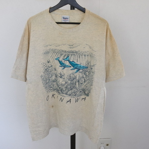 W354 90sビンテージ VOLLINTEER アニマル刺繍プリントTシャツ■1990年代製 表記Lサイズ スーベニア OKINAWA グレー 古着 古着卸 80s