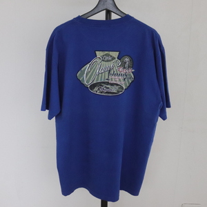 Z257 90sビンテージ OP 半袖プリントTシャツ■1990年代製 表記Lサイズ ブルー 青 アメカジ ストリート ハイビスカス 古着 古着卸 オールド