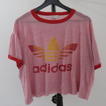 Z297 80sビンテージ adidas アディダス 半袖プリントTシャツ■1980年代製 XLサイズぐらい レッド リンガーTシャツ カットオフ 古着 古着卸_画像1