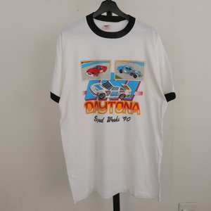 C295 90sビンテージ CollegiatePacific 半袖リンガーTシャツ USA製■1990年代製 表記XLサイズ 古着 アメカジ ストリート DAYTONA 車 白 80s