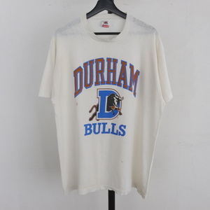 D299 90sビンテージ USA製 フルーツオブザルーム 半袖プリントTシャツ■1990年代製 表記XLサイズ DURHAM ホワイト 白 アメカジ 激安 00s