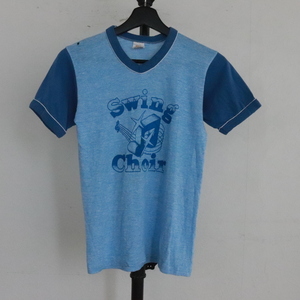 D488 70sビンテージ RUSSELL 半袖Tシャツ■1970年代製 表記Lサイズ ユース Vネック SwingChoir ブルー 古着 アメカジ ストリート 80s 90s