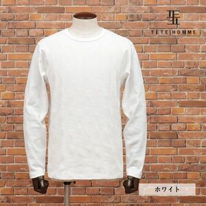 TETE HOMME/LLサイズ/丸首カットソー ジグザグ ジャガード ジャージー幾何学 ロンT 長袖 新品/白/ホワイト/ig152/