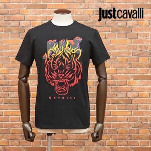 1円/Just cavalli/Mサイズ/丸首Tシャツ タイガー トラ プリント インパクト◎ ジャージー伸縮 半袖 新品/黒/ブラック/id225/