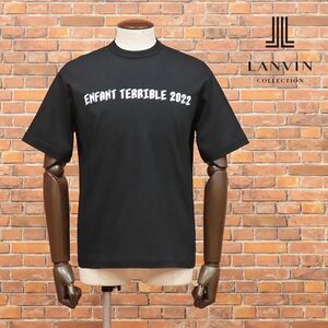 1円/LANVIN COLLECTION/48サイズ/訳 丸首Tシャツ なめらか天竺ジャージー 快適 レタード プリント 日本製 半袖 新品/黒/ブラック/ib178/