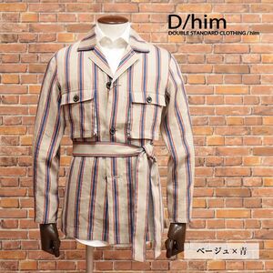 春夏/D/him/52サイズ/ワーク調シャツ ジャケット 涼しい リネン混ストライプ クラシック レトロ ヌケ感 ラフ 新品/ベージュ×青/ib114/