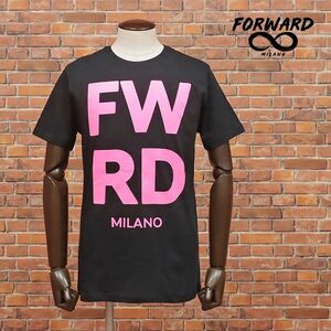 1円/Forward MILANO/Sサイズ/訳 イタリア製Tシャツ ジャージー伸縮 ロゴ プリント クルーネック 半袖 新品/黒/ブラック/ic608/