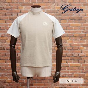 1円/g-stage/46サイズ/モックネックTシャツ 清涼カノコ 伸縮性◎ ロゴ ラグラン 日本製 半袖 ゴルフ 新品/ベージュ/ie116/