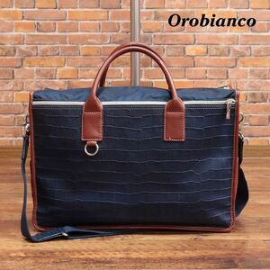 Orobianco/2WAY ビジネス バッグ PIZIA BUSINESS 208 クロコ型押し レザー イタリア製 ダンディ 渋い カバン 新品/紺/ネイビー/ie182/