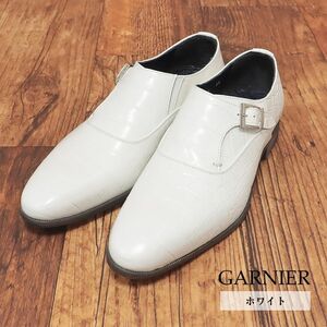 GARNIER/S(25-25.5cm)/日本製シューズ クロコ型押し モンクストラップ 速乾 抗菌 機能性 上品 ドレス 靴 新品/白/ホワイト/ig221/