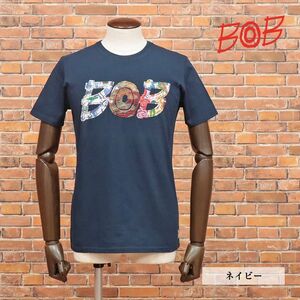 BOB/XLサイズ/イタリー製Tシャツ ジャージー伸縮 アップリケ ロゴ レタード 遊び心 クルーネック 新品/紺/ネイビー/ib362/