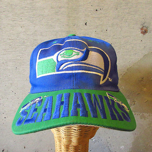 ビンテージ90’s●SEAHAWKSスナップバックキャップ青×緑●240401j4-m-cp-bbシアトルシーホークス1990s帽子古着の画像4