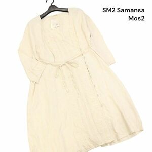 新品★ SM2 Samansa Mos2 サマンサモスモス 麻混 ウエストリボン レース付 カシュクール 7分袖 ワンピース Sz.M　レディース　K4T00362_3#M