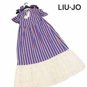 【新品 イタリア製】 LIU JO リュー・ジョー レース切替♪ ストライプ オフショルダー ワンピース Sz.42　レディース 定7万　K4T00441_4#D