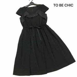 TO BE CHIC トゥービーシック 春夏 フリル♪ ウエストリボン 半袖 フレア シフォン ワンピース Sz.40　レディース 黒 日本製　K4T00478_4#D