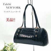 美品 Falchi ファルチ クロコ型押し ショルダーバッグ ミニボストンバッグ 肩がけ ブラック 黒 ゴールド ブランド レディース_画像1