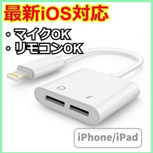 iPhone イヤホン 変換ケーブル 2in1 二股 ライトニング Lightning Apple 増設 通話 接続 充電 コネクタ マイク m1hY