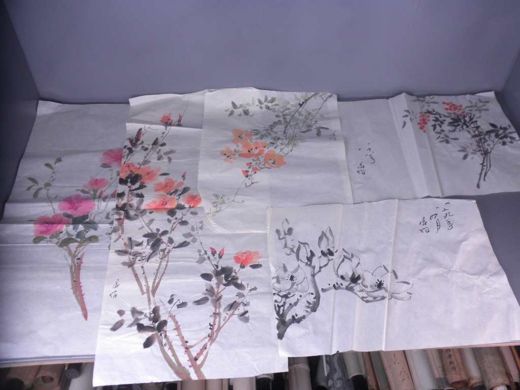 [प्रतियाँ] गुलाब के फूल, नैनटेन, और अन्य 5 तस्वीरें खाली हालत में, चित्रकारी, जापानी पेंटिंग, फूल और पक्षी, पक्षी और जानवर