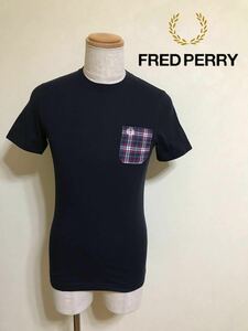 FRED PERRY Fred Perry navy check pattern T-shirt tops short sleeves size XS hit Union M1203