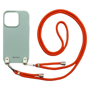 iPhone13 Pro(くすみグリーン/オレンジ)ひも TPU ストラップ 肩掛け 首かけ 斜めが スマホケース かわいい