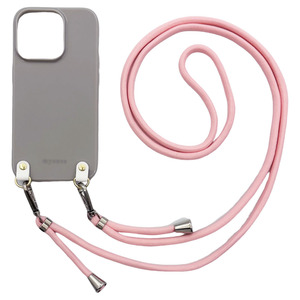 iPhone13 Pro(くすみグレー/ピンク)ひも TPU ストラップ 肩掛け 首かけ 斜めが スマホケース かわいい