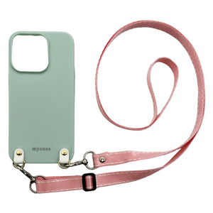 iPhone14 Pro(くすみグリーン/ピンク)TPUケース ストラップ アクセサリー 肩掛け 斜めがけ かわいい
