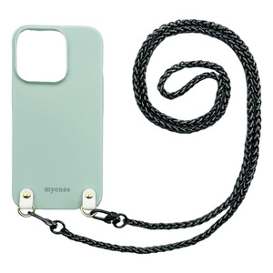 iPhone13 Pro（くすみグリーン/ブラックB）チェーン ソフトケース スマホショルダー 肩掛け 首かけ 斜めがけ かわいい 韓国