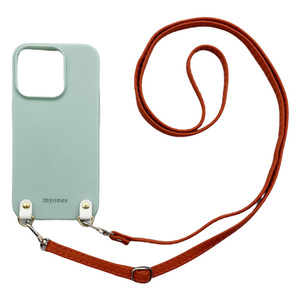 iPhone14 Pro（くすみグリーン/オレンジ）PUレザー ソフトケース スマホショルダー 肩掛け 首かけ 斜めがけ かわいい 韓国
